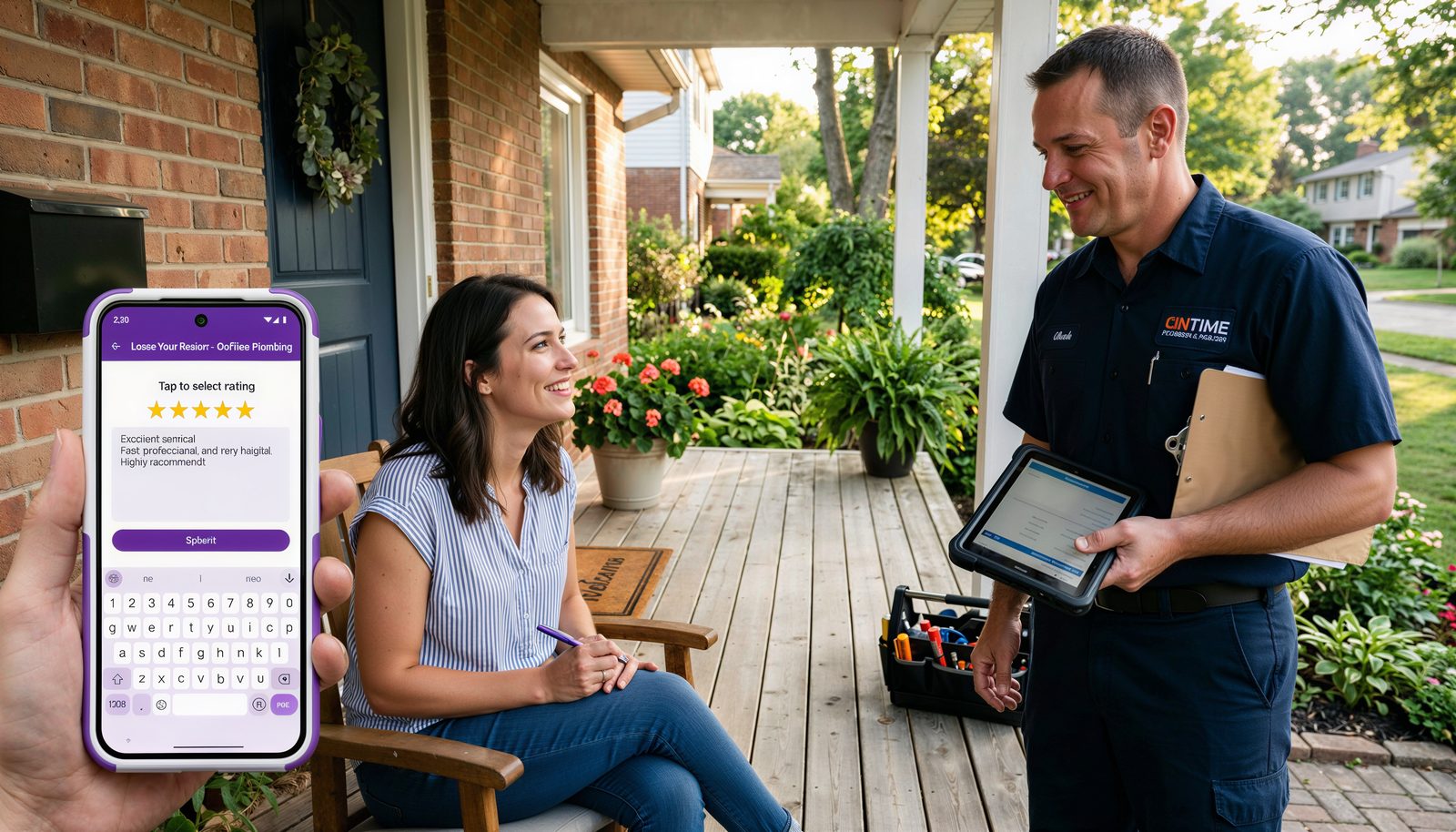 A homeowner gives a 5-star review on her phone after a service technician finishes a job.