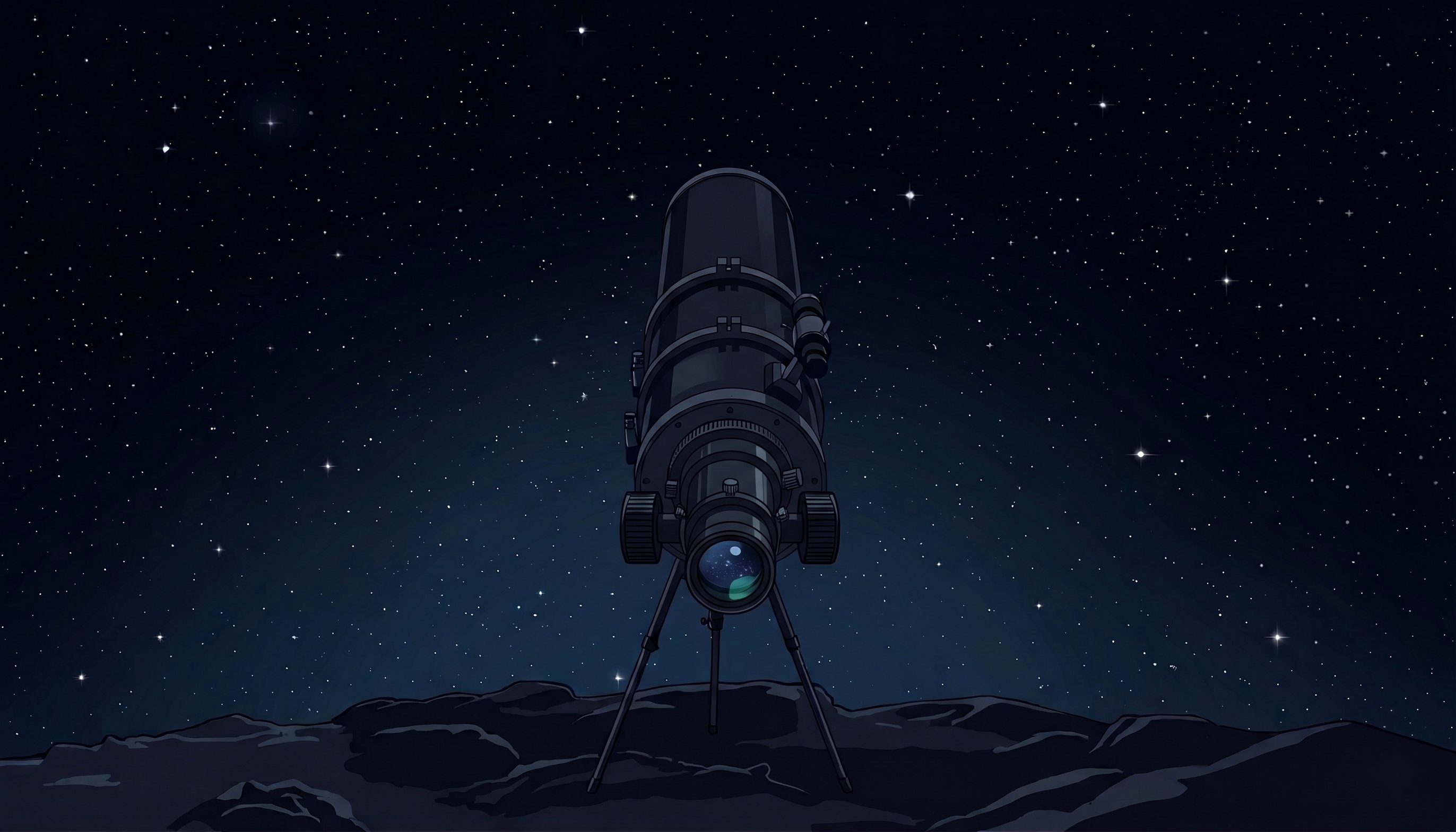An astronomer looking up through a telescope at a star-filled sky